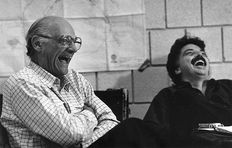 Bolt and Arthur Miller laughing together on set
