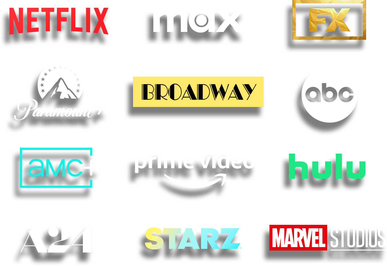 Logos of popular entertainment brands including Netflix, Max, FX, Paramount, Broadway, ABC, AMC, Prime Video, A24, Marvel Studios, and Starz.